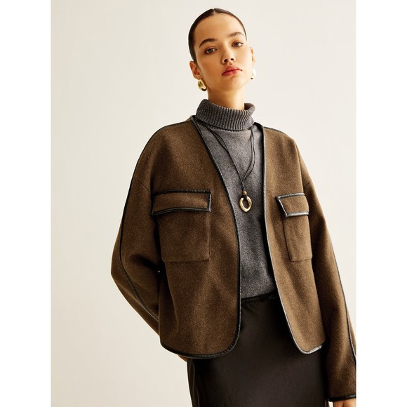 Commense Boxy Wool Blend Jacket Brown Leather Trimmed Pockets Modern Chic Style - Picture 1 of 7